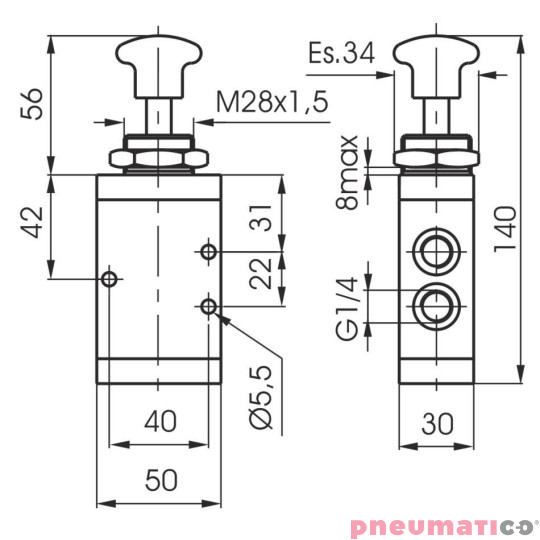 Zawór ręczny - przycisk cięgno dwupozycyjny 5/2 PNEUMAX Zawór ręczny - przycisk cięgno dwupozycyjny 5/2 PNEUMAX