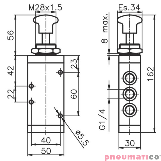 Zawór ręczny - przycisk cięgno sprężyna 5/2 PNEUMAX Zawór ręczny - przycisk cięgno sprężyna 5/2 PNEUMAX
