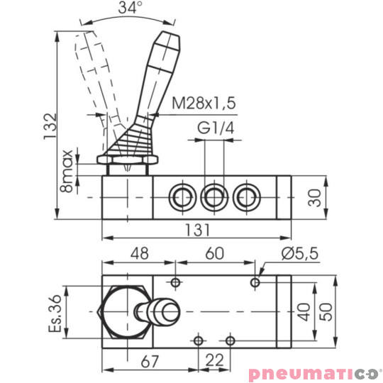 Zawór ręczny - dźwignia boczna dwupozycyjna 5/2 PNEUMAX Zawór ręczny - dźwignia boczna dwupozycyjna 5/2 PNEUMAX