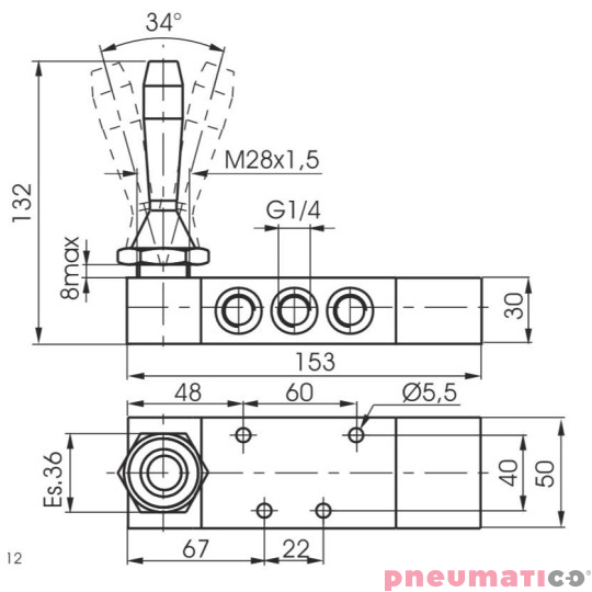 Zawór ręczny - dźwignia boczna trójpozycyjna - powrót sprężyną do poz. środkowej 5/3 PNEUMAX Zawór ręczny - dźwignia boczna trójpozycyjna - powrót sprężyną do poz. środkowej 5/3 PNEUMAX