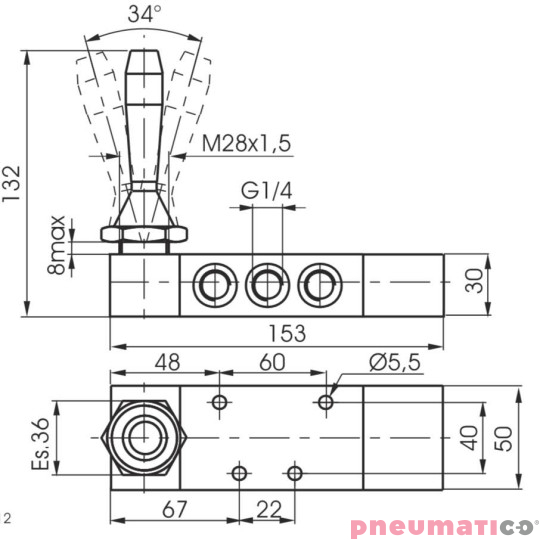 Zawór ręczny - dźwignia boczna trójpozycyjna - powrót sprężyną do poz. środkowej 5/3 PNEUMAX Zawór ręczny - dźwignia boczna trójpozycyjna - powrót sprężyną do poz. środkowej 5/3 PNEUMAX