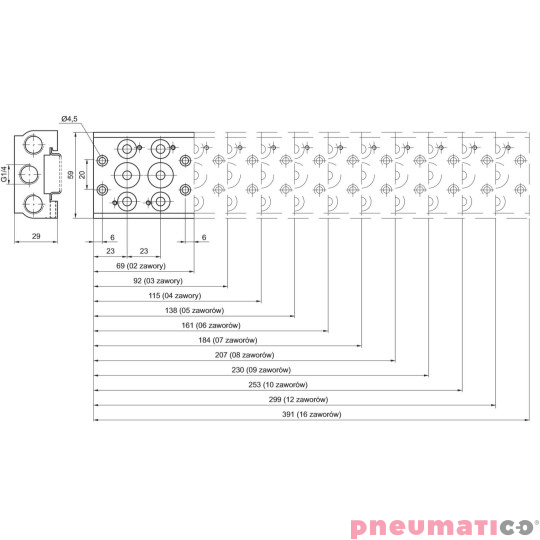 Baza aluminiowa dla zaworów 5/2 - 5/3 PNEUMAX