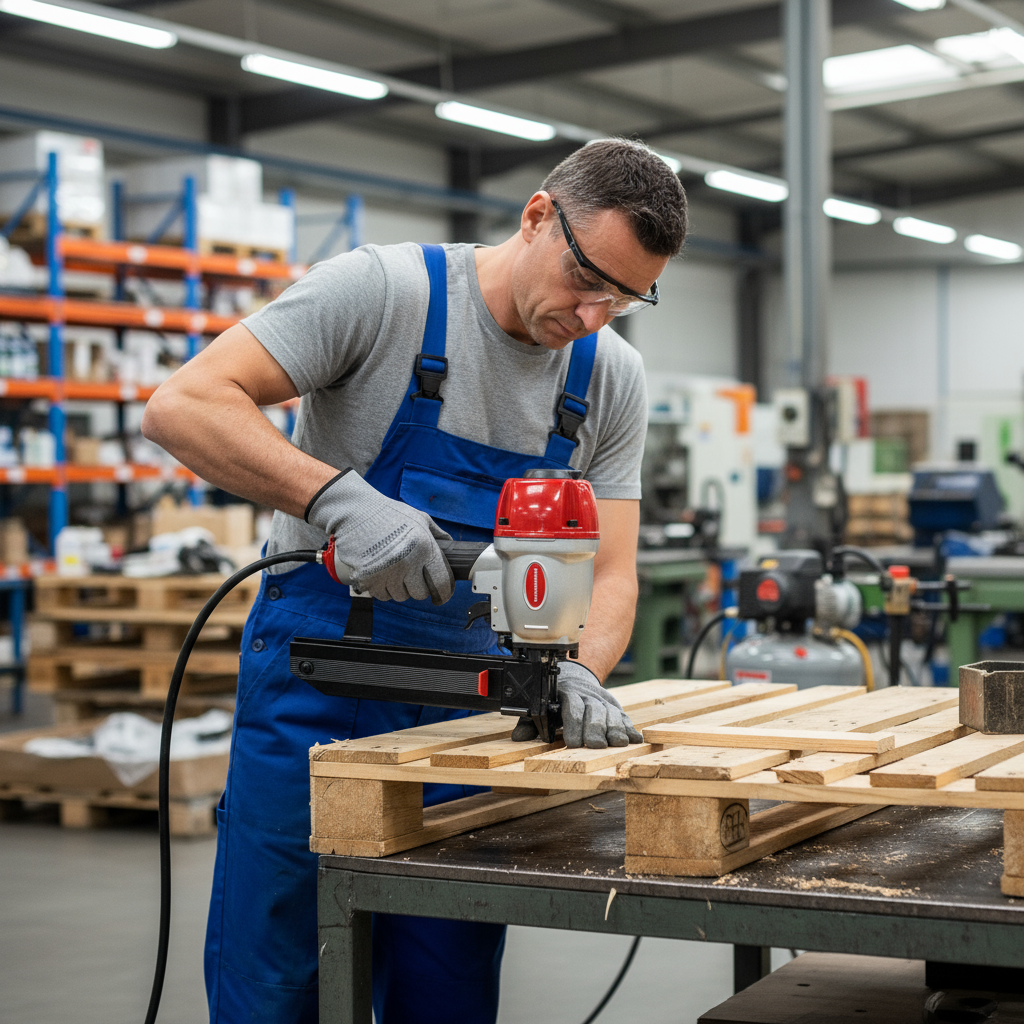 Zszywacz Pneumatyczny w użyciu - produkcja palet